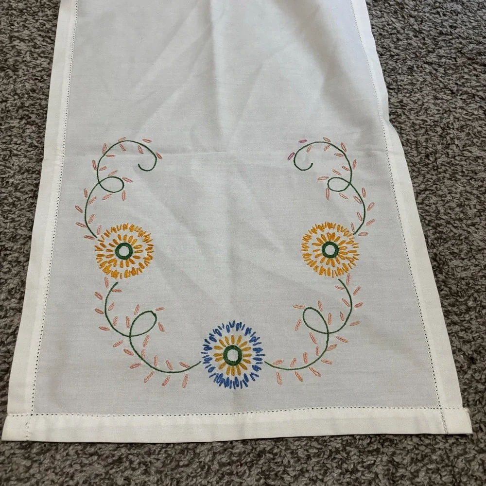 Vtg Hand Stitched Dresser Runner Blue Orange Embroidered Country Cottage 42x14